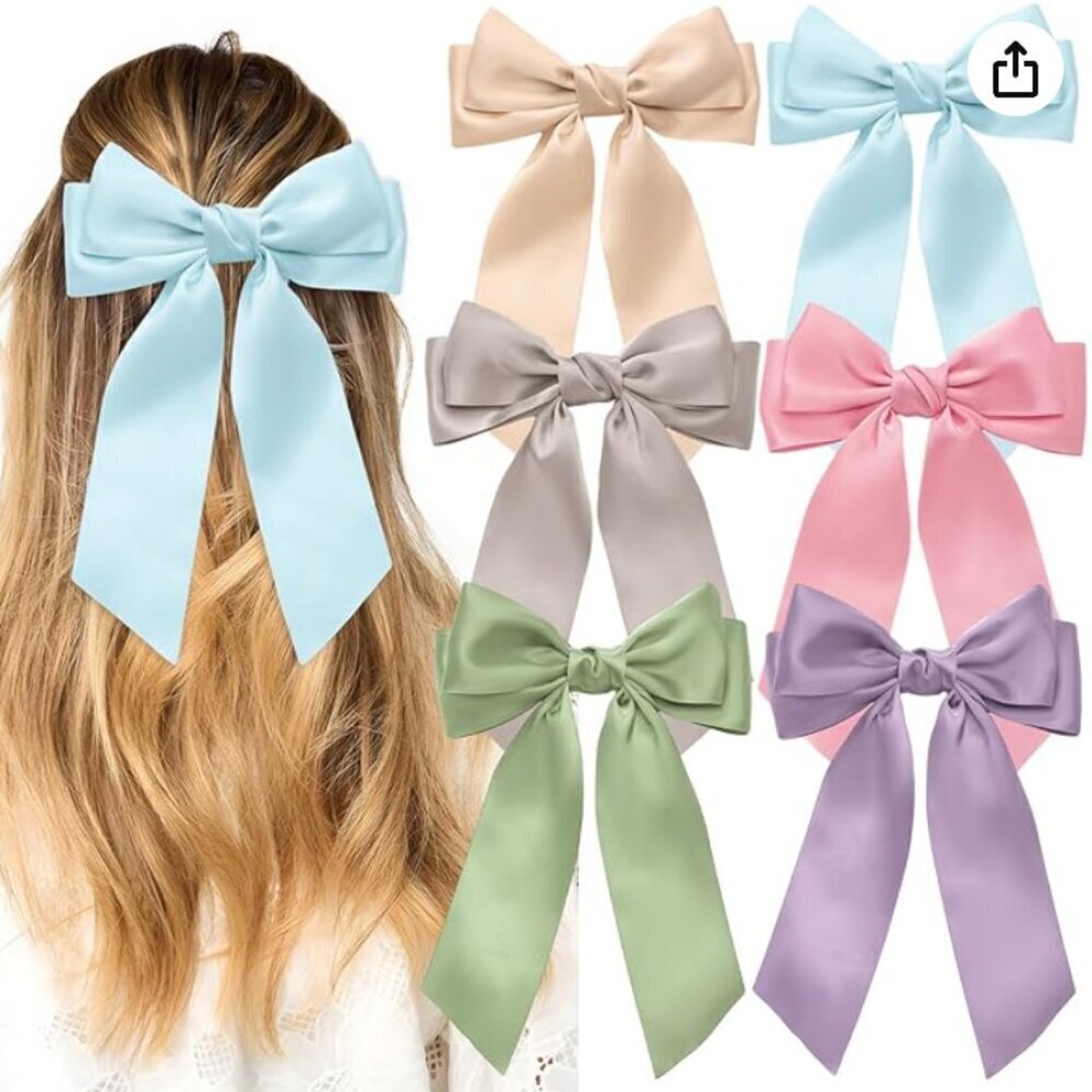 6 Pack Silky Satin Hair Bow Clips NEW